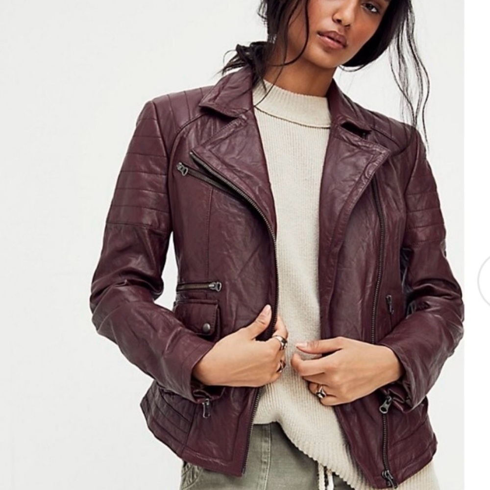 We The Free People I’ll Be Around Leather Moto Jacket Women’s XS Maroon Burgundy